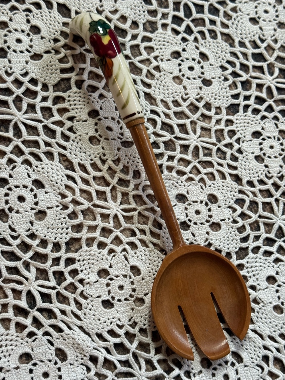 Vintage Hand-Painted Ceramic Handle Wooden Serving Spoon - Cream and Brown